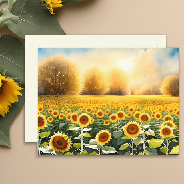Lever du soleil sur un champ de Sunflower Carte po (🌻 Artistry at Sunrise: Sunflowers Postcard! 🎨)