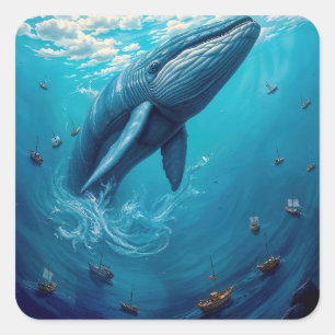Leviathans Flug in die Freiheit – Surrealer Wal Ku Quadratischer Aufkleber