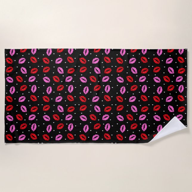 Lèvres Kiss Rose Red Hearts Beach Serviette - BLK (Devant)
