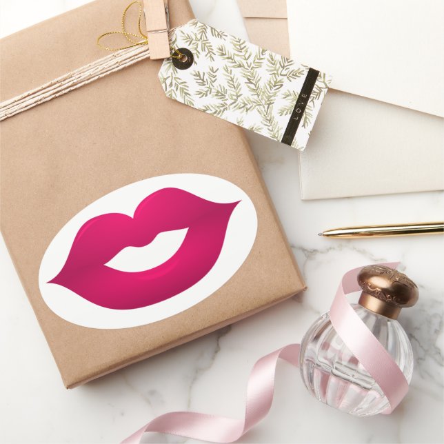 Lèvres rose foncé brillantes Stickers ovale (Cadeaux)