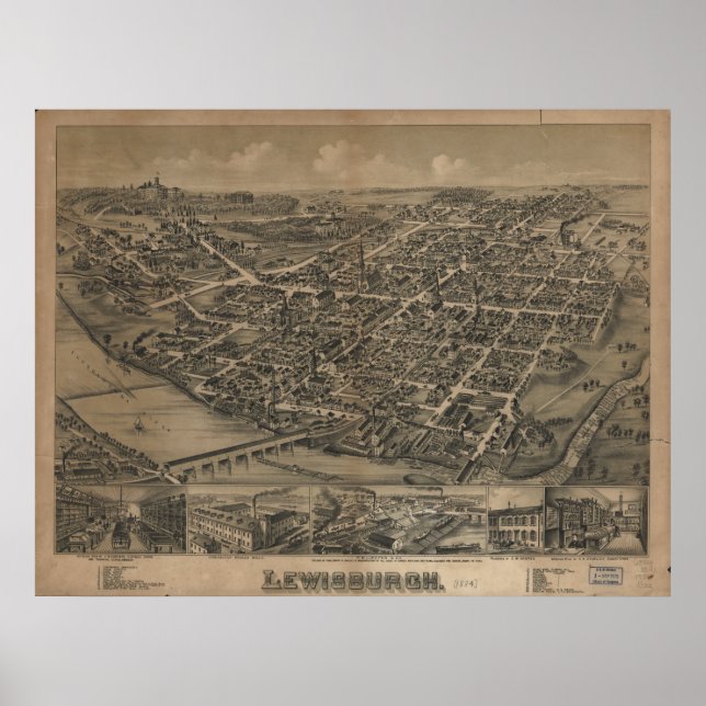 Lewisburg Pennsylvania 1884 Antique Panoramabalkar Poster (Vorne)
