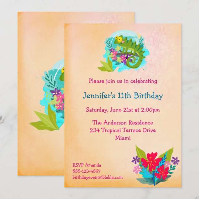 Lézard tropical avec fleurs Luau Invitation d'anni (Devant / Derrière)