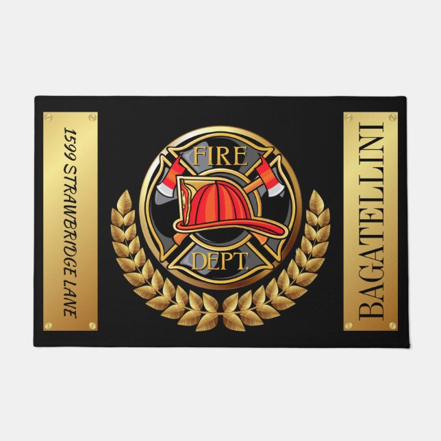 LG. Feuerwehr Elegantes Schwarz und Gold Fußmatte (Vorderseite)