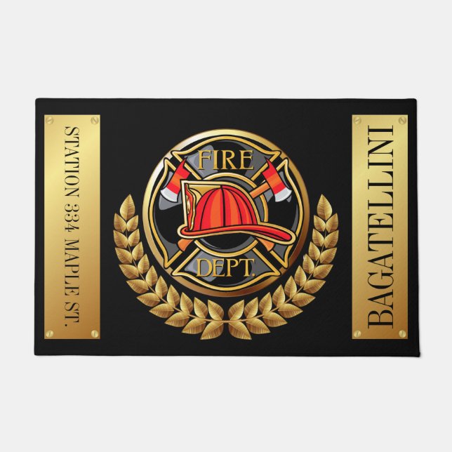 LG. Feuerwehr Elegantes Schwarz und Gold Fußmatte (Vorderseite)