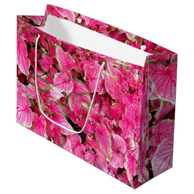 LG Geschenktasche Pink-Blätter Große Geschenktüte (Vorderseite Schrägansicht)