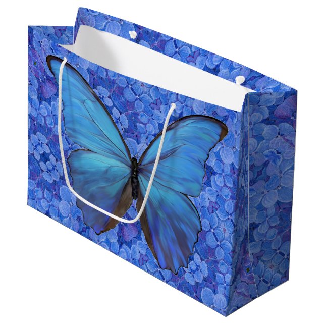 Lg Gift Bag Blue Morpho on Hydrangea Große Geschenktüte (Vorderseite Schrägansicht)