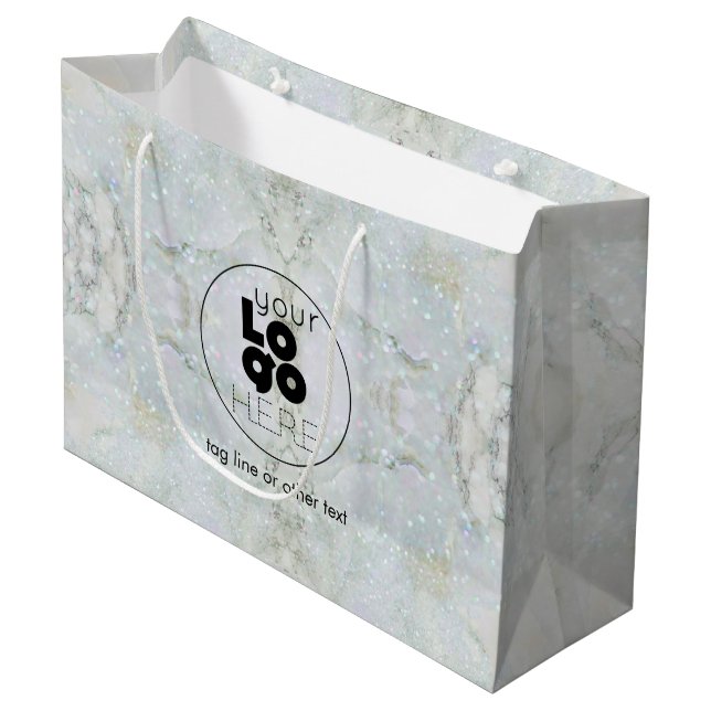 Lg. Papierpackung mit Logo - Glitzer-Marmor Große Geschenktüte (Vorderseite Schrägansicht)