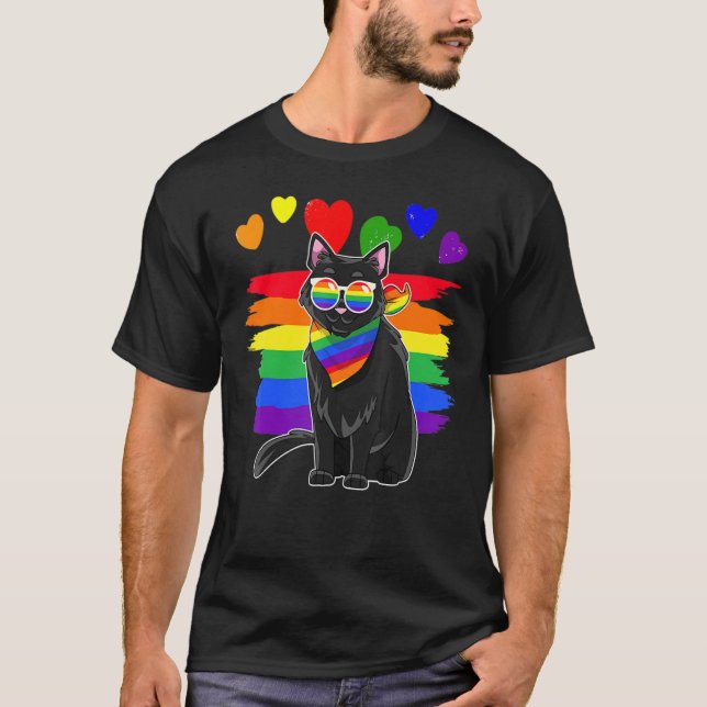 Lgbt Black Cat Gay Pride Rainbow Lgbtq T-Shirt (Vorderseite)