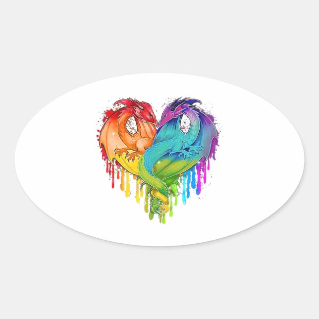 Lgbt Dragon Heart Rainbow Heart Dragon Lgbt Pride Ovaler Aufkleber (Vorderseite)