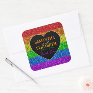 LGBT Fahne Regenbogen Glitzern Hochzeit Danke Quadratischer Aufkleber
