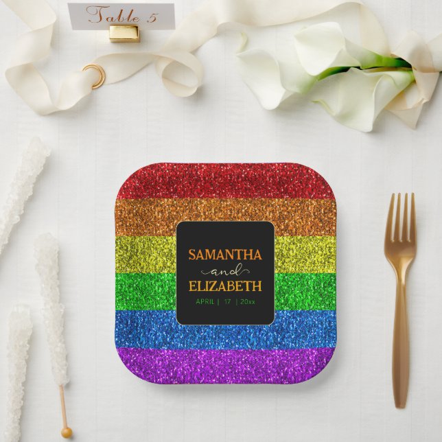 LGBT-Fahne Regenbogen-Glitzern Pappteller (Hochzeit)