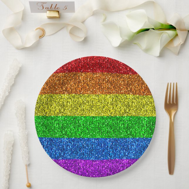 LGBT-Fahne Regenbogen-Glitzern Pappteller (Hochzeit)
