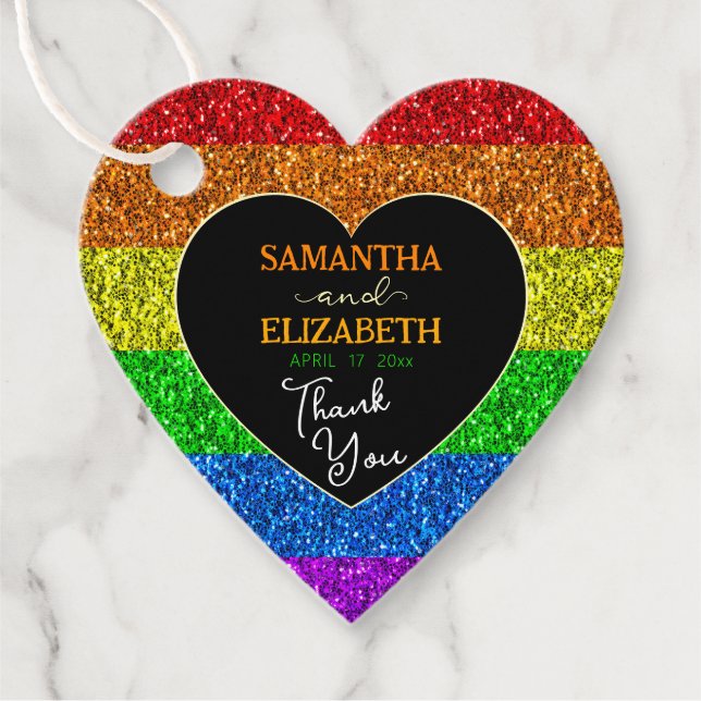 LGBT Flag Regenbogen Glitzern Hochzeit Danke Geschenkanhänger (Vorderseite)