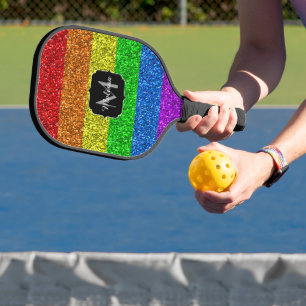 LGBT flag vibrant rainbow glitter sparkle Monogram Pickleball Schläger