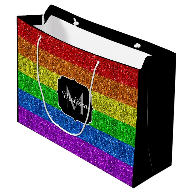 LGBT-Flagge lebhafter Regenbogen-Glitzer Funkeln M Große Geschenktüte (Vorderseite Schrägansicht)