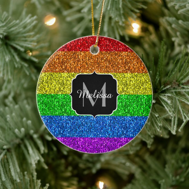 LGBT-Flagge lebhafter Regenbogen-Glitzer Funkeln M Keramik Ornament (Baum)