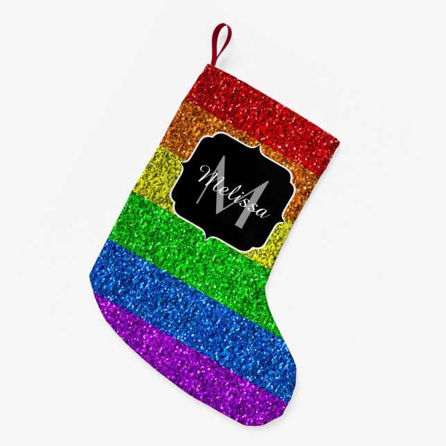 LGBT-Flagge lebhafter Regenbogen-Glitzer Funkeln M Kleiner Weihnachtsstrumpf (Vorderansicht (hängend))