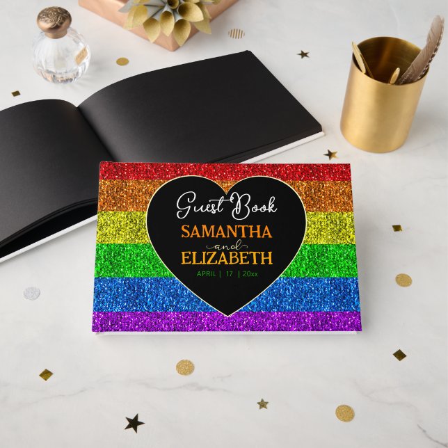 LGBT-Flagge Regenbogen-Glitzern Herzenhochzeit Gästebuch (Vorderseite Offen)