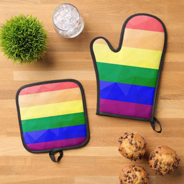 LGBT-Flagge Regenbogenlinien geometrisches Maschen Ofenhandschuh & Topflappen-Set (Oben Unten)