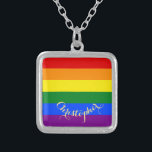 LGBT Gay Lesbian - Regenbogenflagge Mit Monogramm Versilberte Kette<br><div class="desc">Schöne, lebendige LGBT Gay Pride Regenbogenfarben, farbenfrohe geometrische Streifen Muster, individuell, personalisiert, mit Monogramm, stilvoll, UV-beständig und wasserdicht, sterling silber Oberfläche Metall quadratische Halskette. Die Halskette enthält Text in eleganten Imitaten goldene Typografie-Skripte. Geben Sie einfach Ihren Namen / Paare Namen / Hochzeitsdatum / Monogramm / Initialen, um Ihre Wünsche anzupassen....</div>