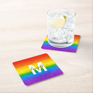 LGBT Glitzer Rainbow Stripes Monogramm Name Rechteckiger Pappuntersetzer