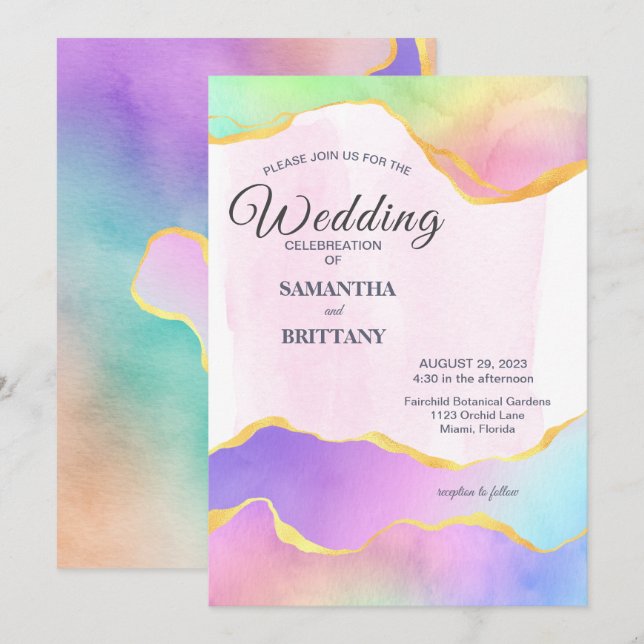LGBT Gold & Rainbow Watercolor Einladung (Vorne/Hinten)