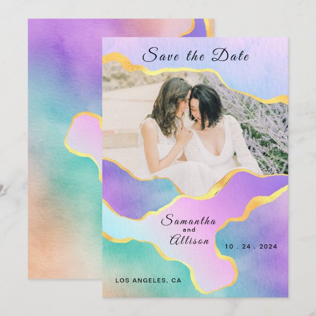 LGBT Gold Rainbow Wedding Foto Save the Date Einladung (Vorne/Hinten)