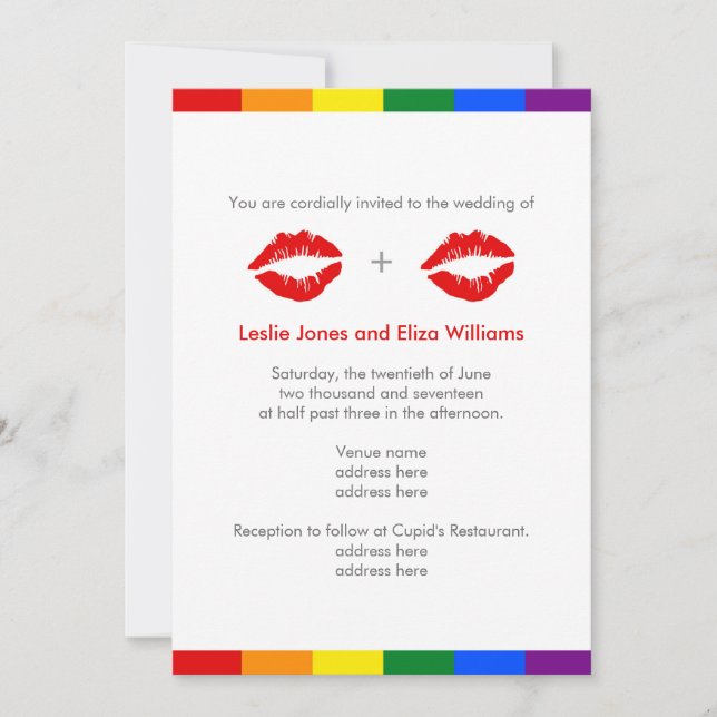 LGBT Lesbische Lippen Rainbow-Hochzeit Einladung (Vorderseite)