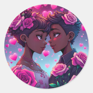 LGBT-Liebe   Afroamerikanisches Anime Couple Runder Aufkleber