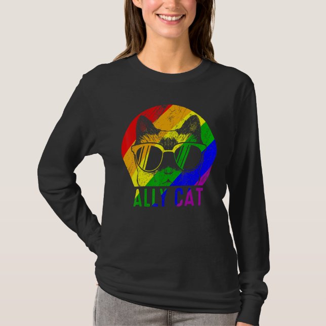 Lgbt Pride Ally Cat Rainbow Flag Gay Lesbian Supp T-Shirt (Vorderseite)