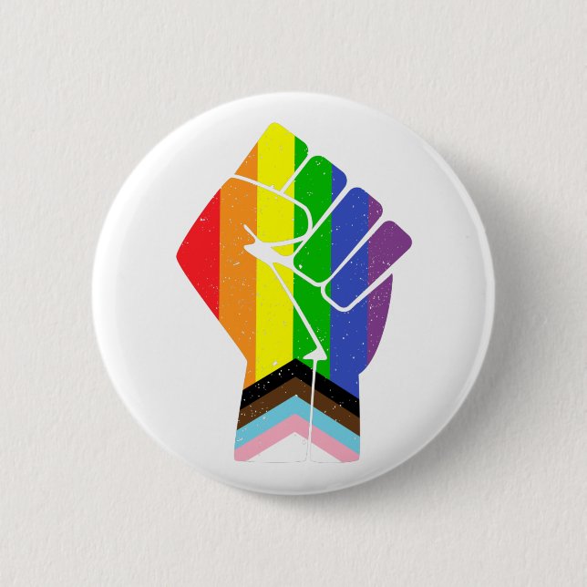 LGBT Pride (Progress) Flag mit erhöhter Faust Button (Vorderseite)