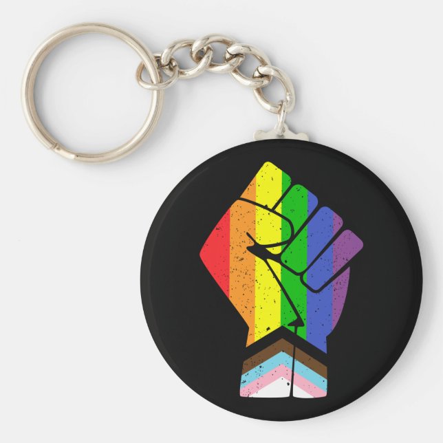 LGBT Pride (Progress) Flag mit erhöhter Faust Schlüsselanhänger (Vorne)