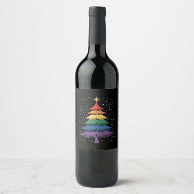 LGBT-Q Pride-Weihnachtsbaum-Pyjama-Regenbogenflagg Weinetikett (Vorderseite)