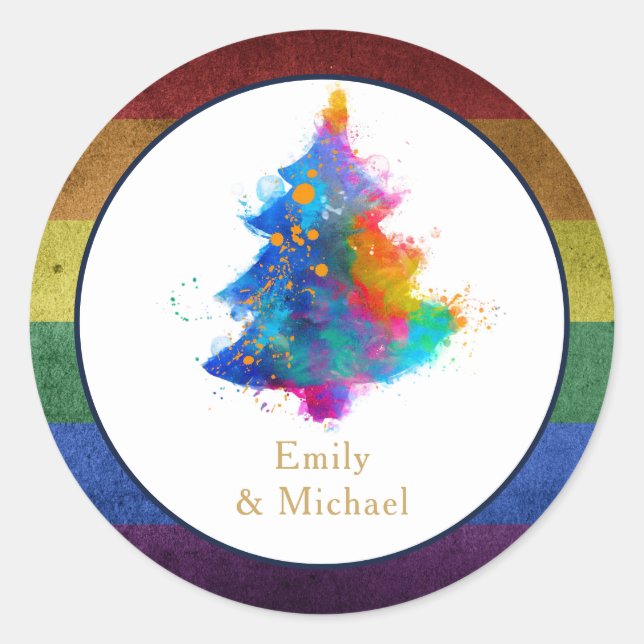 LGBT Rainbow Christmas Tree Event Personalisiert Runder Aufkleber (Vorderseite)