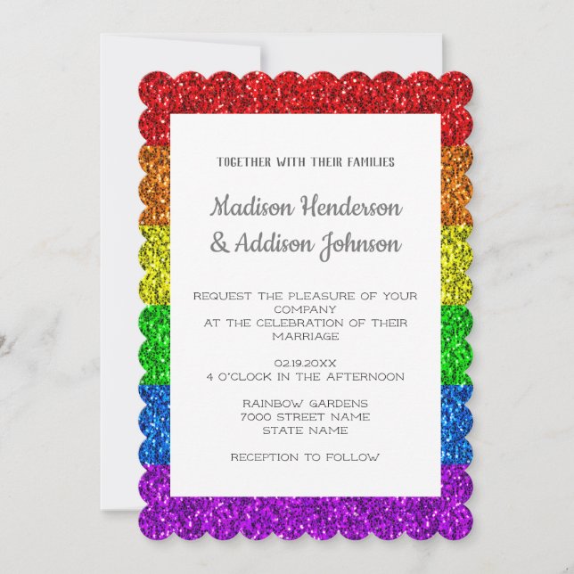LGBT Wedding Flag lebhaftes Regenbogenfunkel Monog Einladung (Vorderseite)