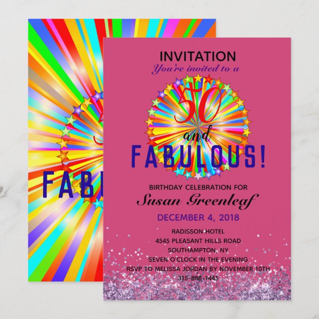 LGBTQ Any Age Fabulous Rainbow Birthday Magenta Einladung (Vorne/Hinten)