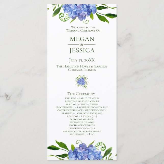 LGBTQ Blaue Hortensien Florales Hochzeitsprogramm Programm (Vorderseite)