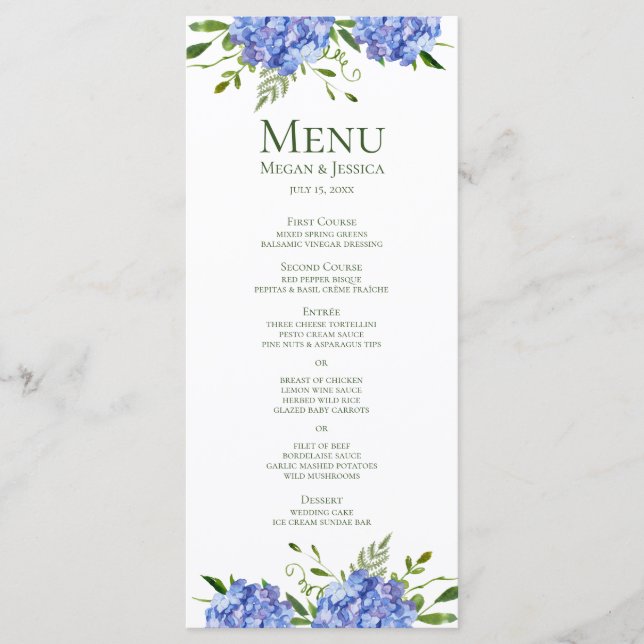 LGBTQ Blue Hydrangeas Floral Wedding Menükarte (Vorderseite)