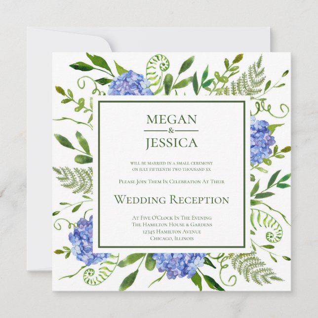 LGBTQ Blue Hydrangeas Floral Wedding Reception Einladung (Vorderseite)
