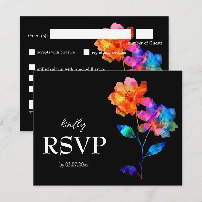 🌈 LGBTQ Budget with menu  Petals & Pride  RSVP Karte (Vorne/Hinten)