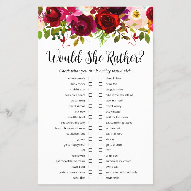 LGBTQ Burgundy Floral Brautparty Games Flyer (Vorne)