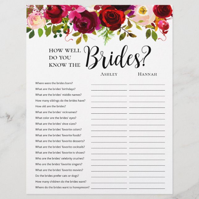 LGBTQ Burgundy Floral Brautparty Games Flyer (Vorne)