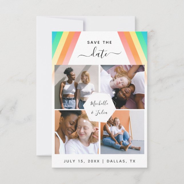 LGBTQ Gay Couple 4 Foto Collage Rainbow Wedding Save The Date (Vorderseite)