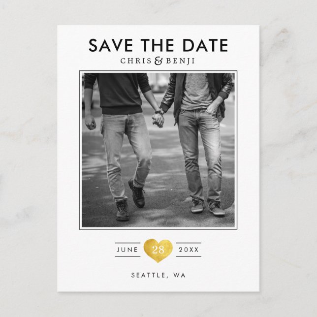 LGBTQ-Gold-Herz Save the Date mit Foto Postkarte (Vorderseite)