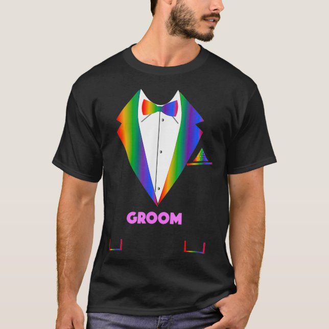 LGBTQ Groom Tuxedo Rainbow Gay Pride Lesbian Wed T-Shirt (Vorderseite)