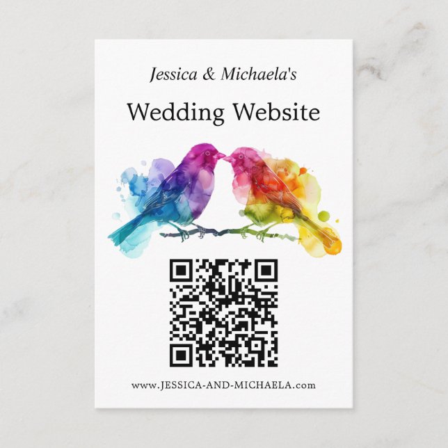 LGBTQ+ Hochzeitswebsite Rainbow Lovebirds Begleitkarte (Vorderseite)