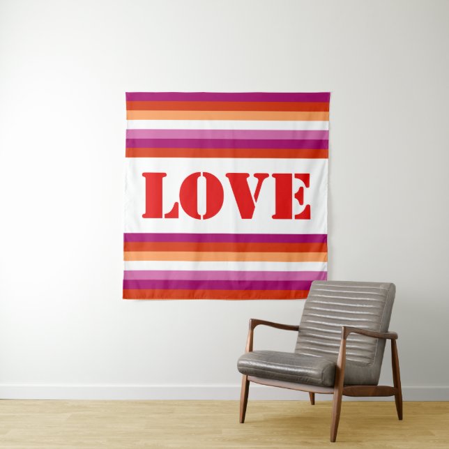 LGBTQ+ Lesbische Flagge mit Liebe Streifen - Wandteppich (Beispiel)