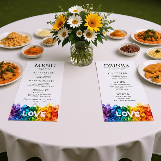 🌈 🐦 LGBTQ mit Hochzeit von Lieben Menükarte (Flat Double sided LGBTQ Painted With Love wedding Menu)