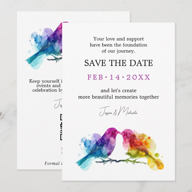 LGBTQ+ mit QR-Code Rainbow Lovebirds Save The Date (Vorne/Hinten)