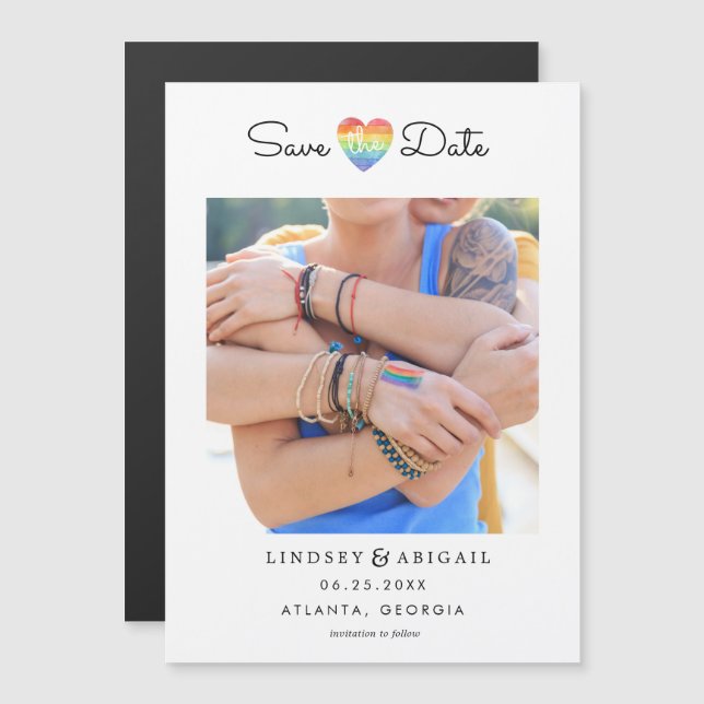LGBTQ Rainbow Herz mit Foto Magneteinladung (Vorne/Hinten)